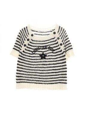 Dior Knit Top Mariniere Cotton Silk Short Sleeve Ivory Navy